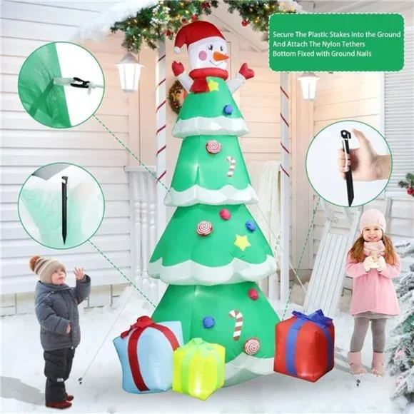 8 FT Christmas Inflatables Tree with Snowman and 3 Gift Boxes, LED Lights